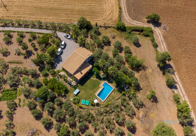 Overhead view of finca with pool and olive trees in Mallorca Overhead view of finca with pool and garden, surrounded by olive trees and farmland in Mallorca