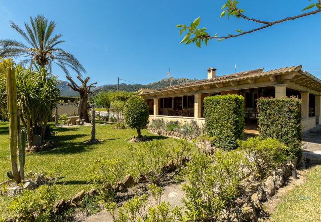 La Sort Llarga Exterior – Mediterranean garden in Pollença Garden with covered terrace and plants at La Sort Llarga villa, Pollença