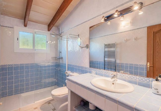 Full bathroom with shower and large mirror Full bathroom with shower and large mirror